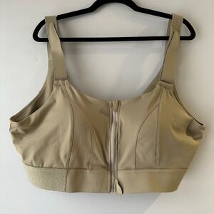 Plus Size Khaki Zip Front Sports Bra 5XL Adjustable Straps Support
